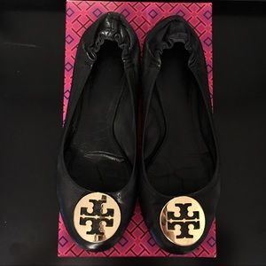 Tory Burch Reva Flats Black, Gold Emblem Logo 8.5